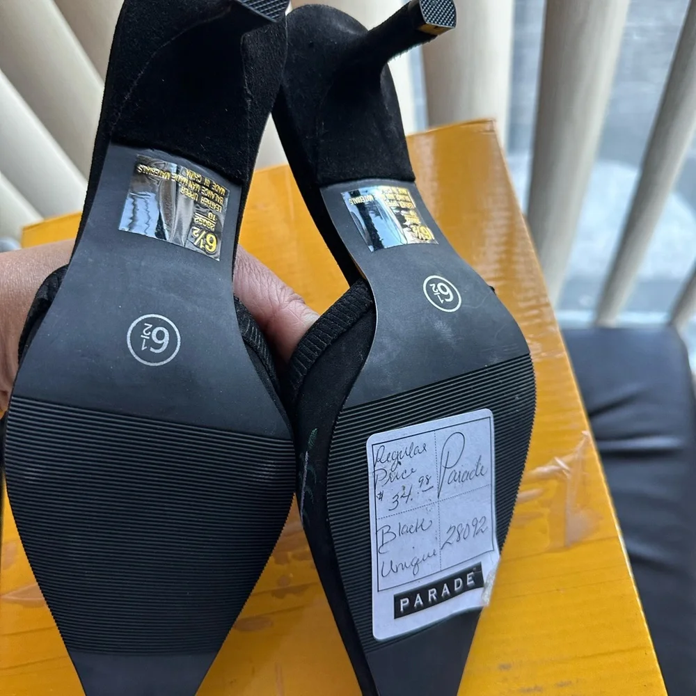 Parade Black Pointed Mule Heels with Pink Floral Embroidery - Picture 3 of 3